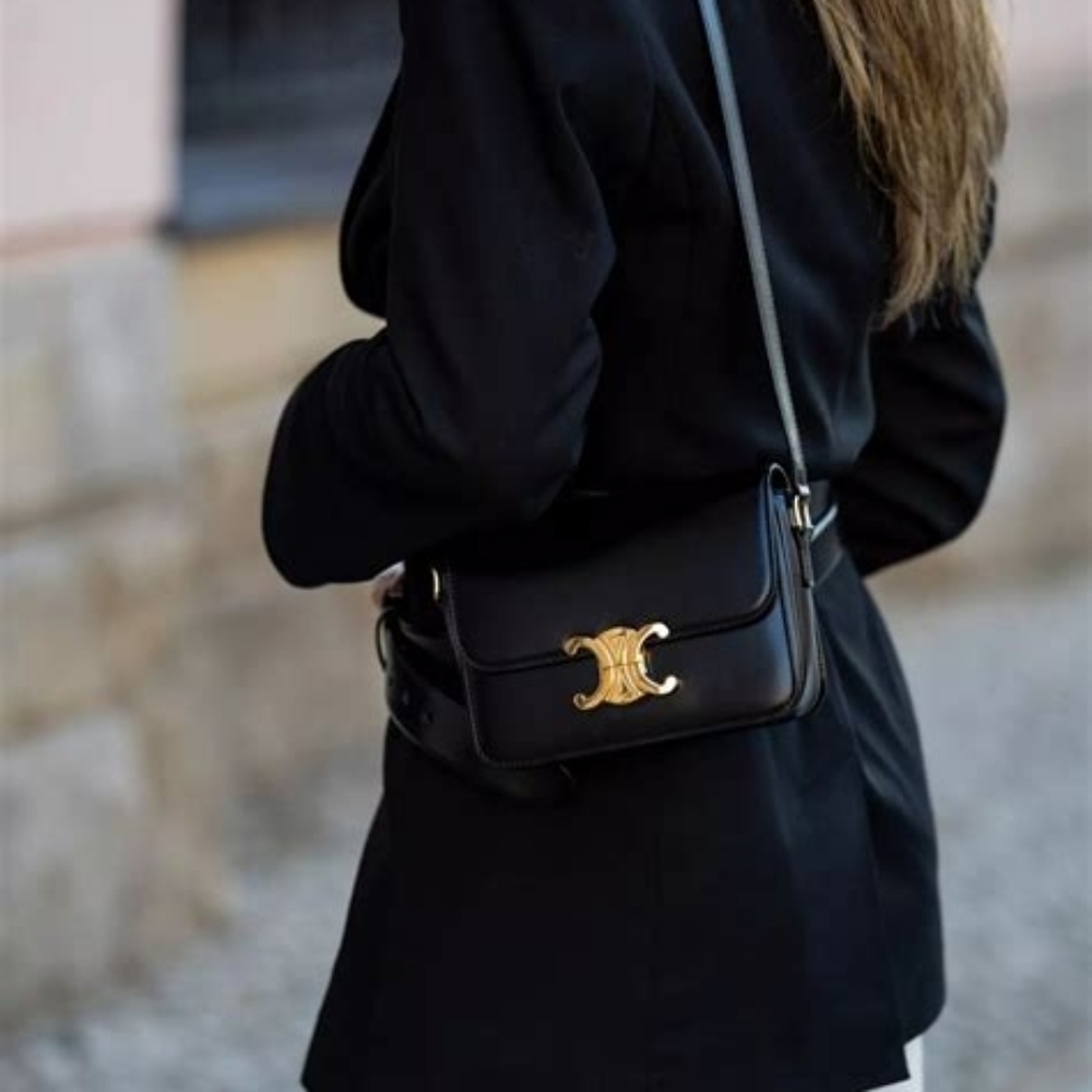 New! MSRP $4350 Authentic CELINE TRIOMPHE BAG IN BLACK Shiny Calfskin BLACK - Picture 10 of 16